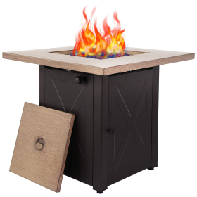 28inch Outdoor Gas Fire Pit Table , 48,000 BTU, Square Outdside Propane Patio Firetable, ETL Certification, Bionic Wood Grain Lid, for Backyard, Garde