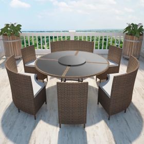 7 Piece Patio Dining Set with Cushions Poly Rattan Brown