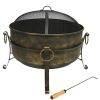 Outdoor Camping or Backyard Round Cauldron Fire Pit with Spark Screen; Log Poker; and Metal Wood Grate - 24"