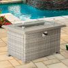 Outdoor Wicker Gas Fire Table, Patio Propane Gas Fire Pit w Aluminum Tabletop,Glass Wind Guard