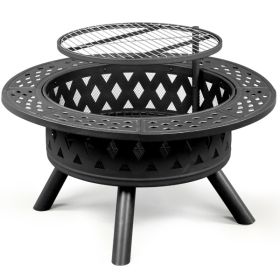 38in Metal Fire Pit with Cooking Grates Black (Color: As Picture)