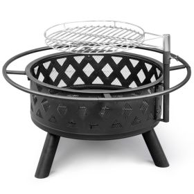 30in Outdoor Metal Fire Pit with Cooking Grates Black (Color: As Picture)