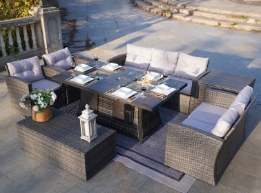 Direct Wicker Outdoor Patio Furniture Set with Rectangular Fire Pit Table in Elegant Brown or Chic Gray (Color: Gray)