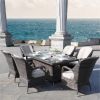 Direct Wicker 7-Piece Patio Wicker Gas Fire Pit Set Rectangular Table With Arm Chairs