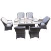 Direct Wicker Patio Fire Pit Dining Set 6-Seat Rectangular Aluminum Table with Rattan Chairs