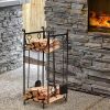 Firewood Rack with Fireplace Tools, Indoor Outdoor Firewood Holder, Flat Bottom with 2 Tiers for Fireplace, Wood Stove, Hearth or Fire Pit, Black